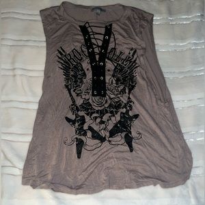 Light brown sleeveless tie up deep the rock ‘n’ roll shirt